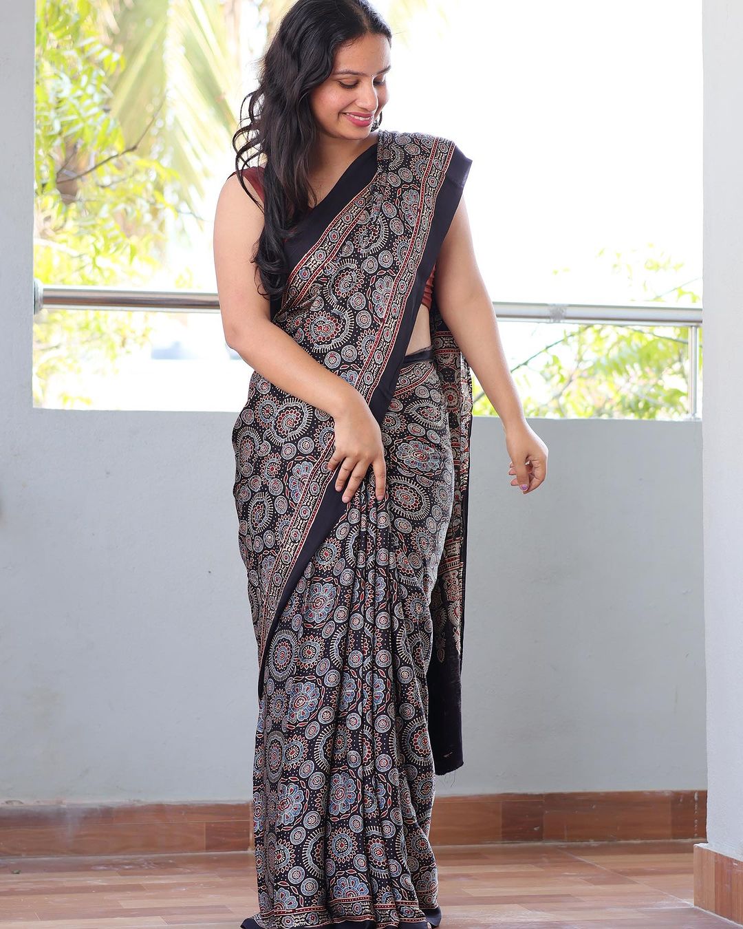 Stylish Black Firozi Digital Printed Modal SAREE