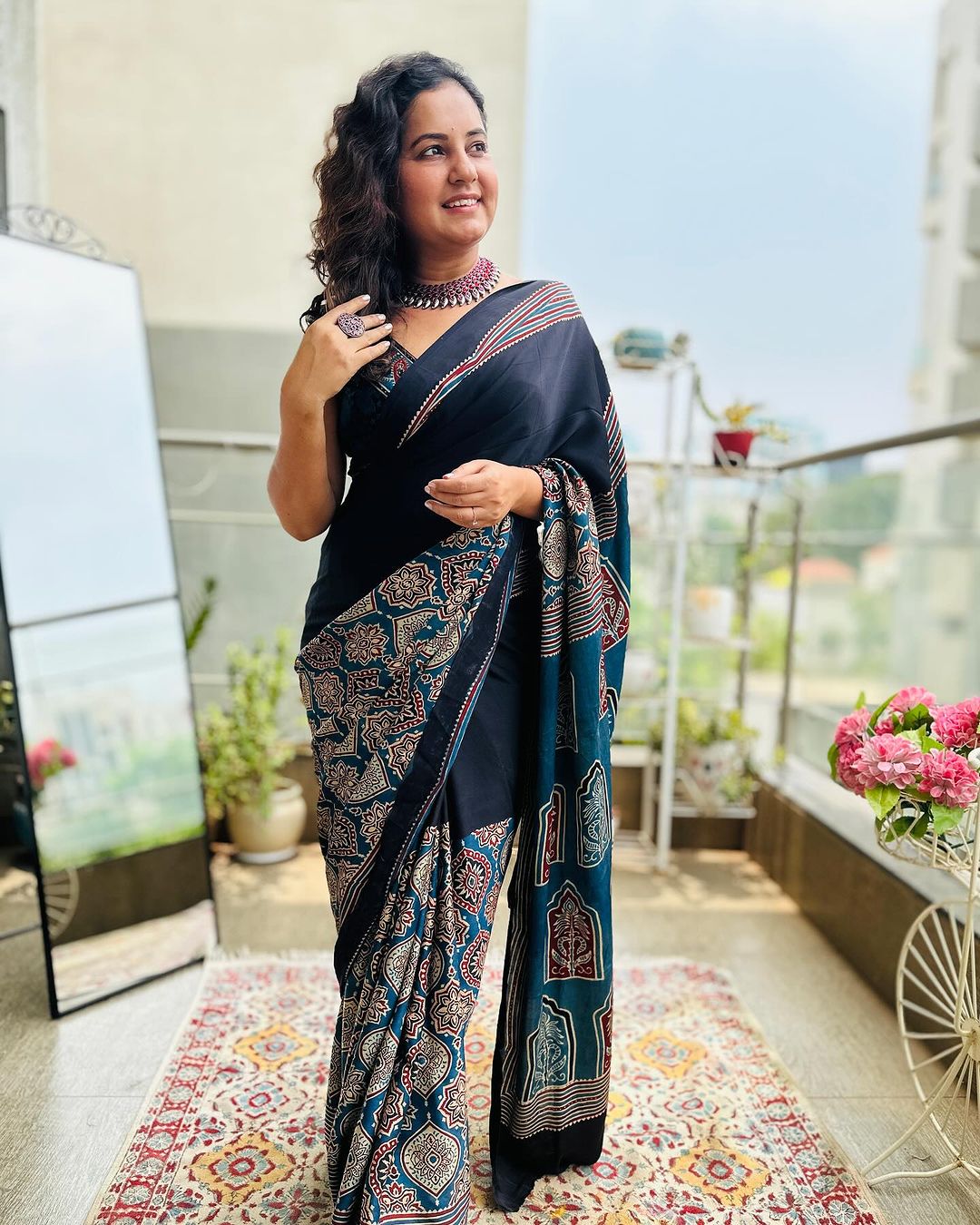 DESIGNER BLACK COLOR AJARAKH DIGITAL PRINTED MODAL SAREE