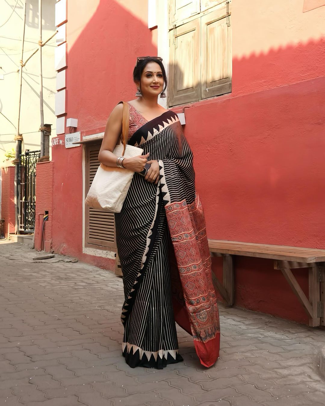 Delightful Black And White Lining Digital Printed Modal SAREE