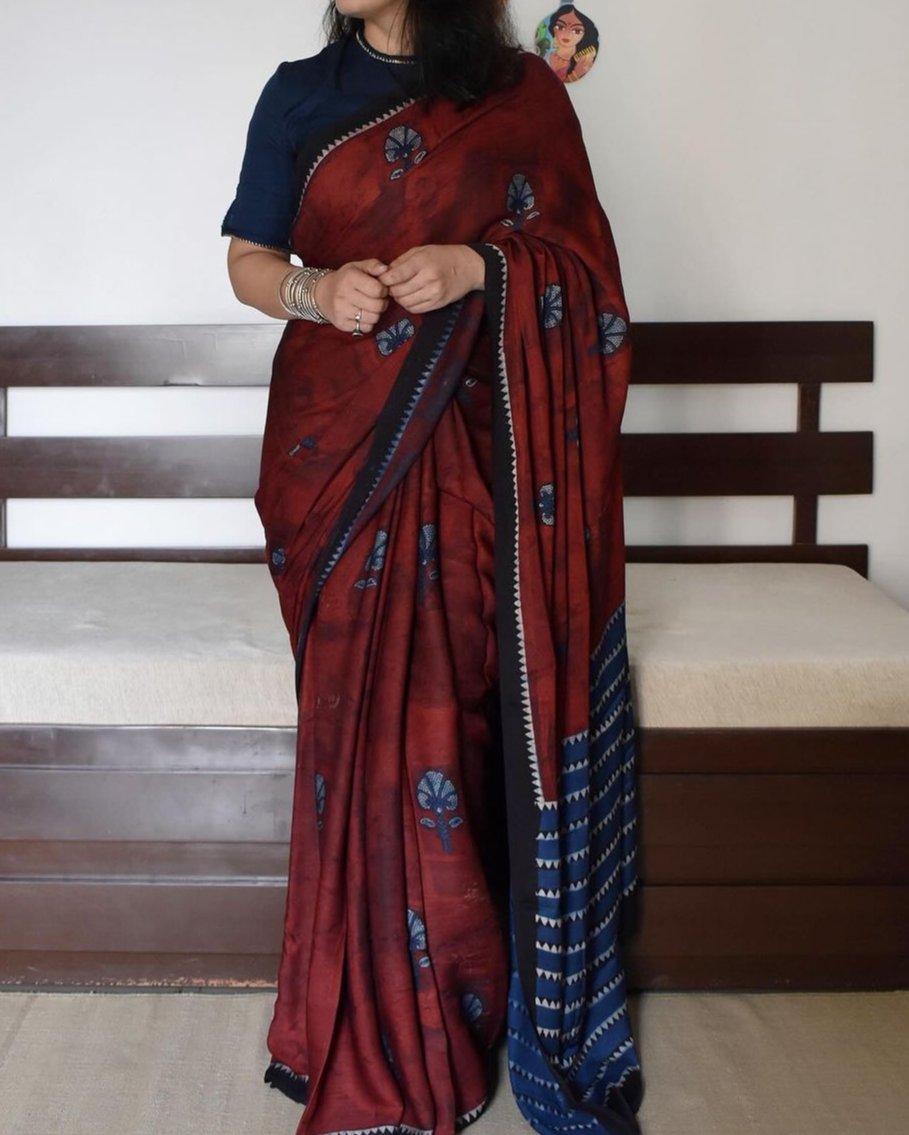 DESIGNER DARK RED WITH BEAUTIFUL FLOWER DIGITAL PRINTED MODAL SILK SAREE