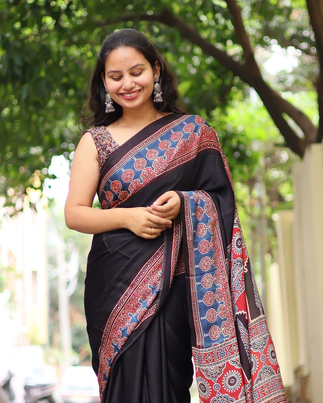 Designer Black Multi Colour Border Digital Printed Modal SAREE