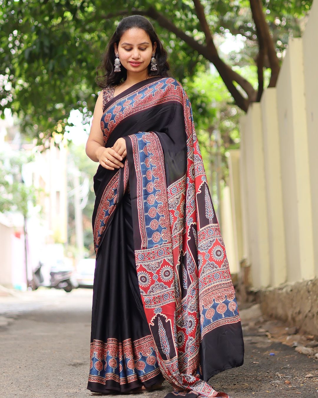 Designer Black Multi Colour Border Digital Printed Modal SAREE