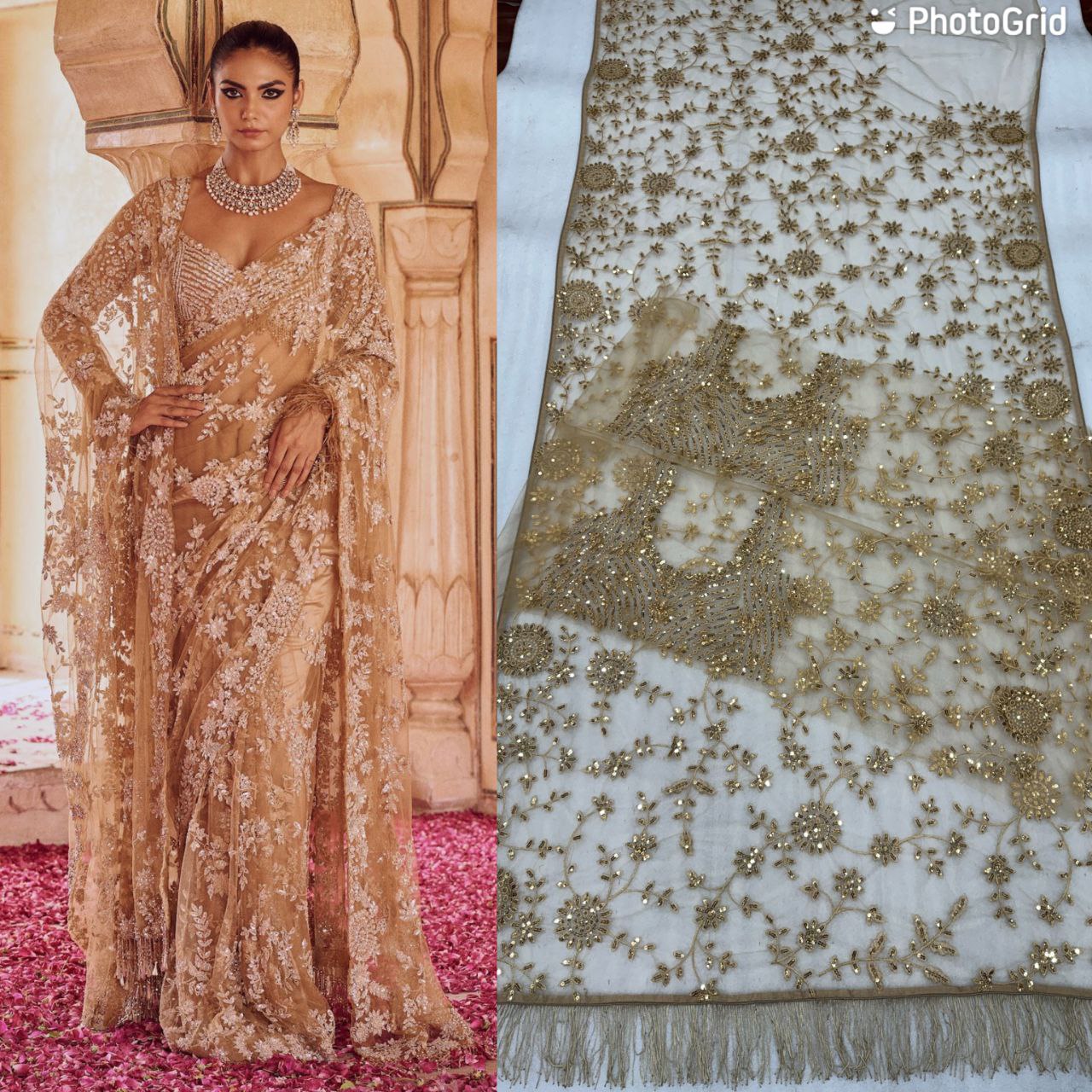 DESIGNER CREAMISH BROWN COLOUR BOLLYWOOD SEQUENCE PARTY WEAR SAREE