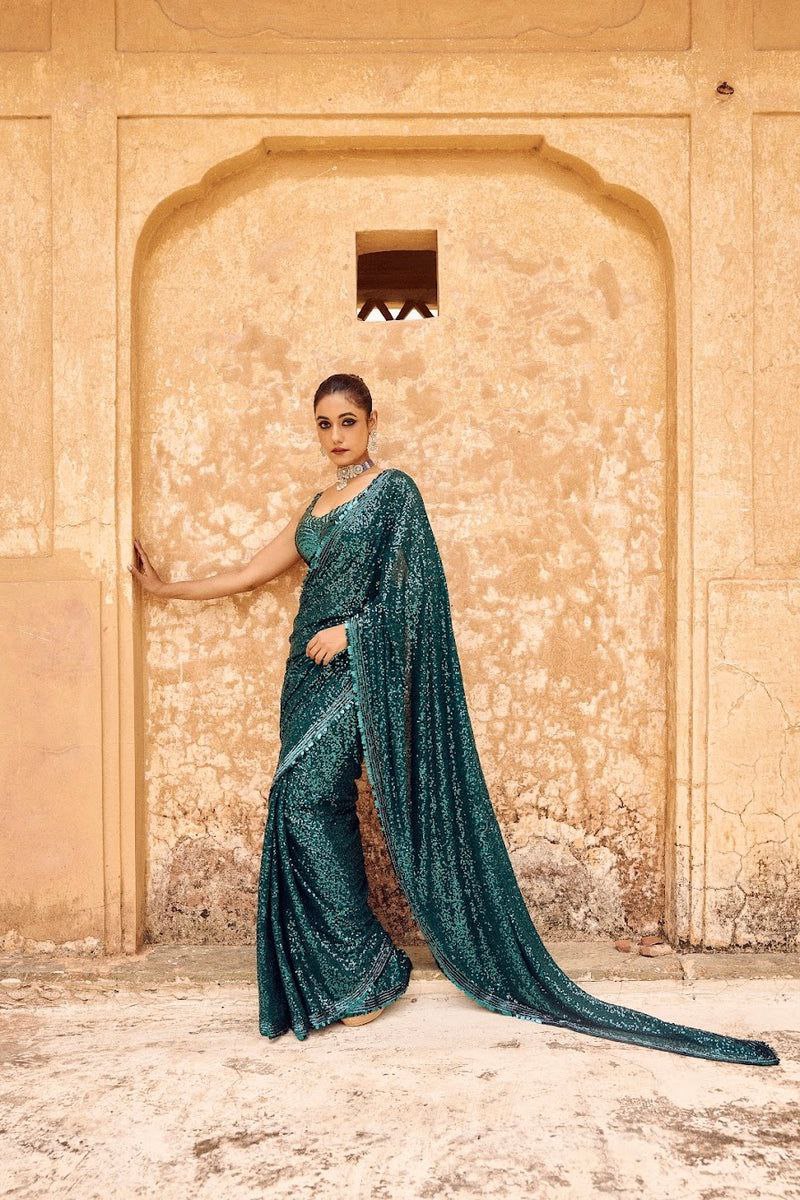 AMAZING PEACOCK COLOUR PARTY WEAR BOLLYWOOD SEQUENCE SAREE