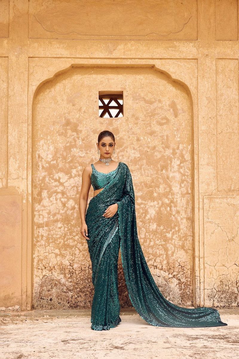 AMAZING PEACOCK COLOUR PARTY WEAR BOLLYWOOD SEQUENCE SAREE