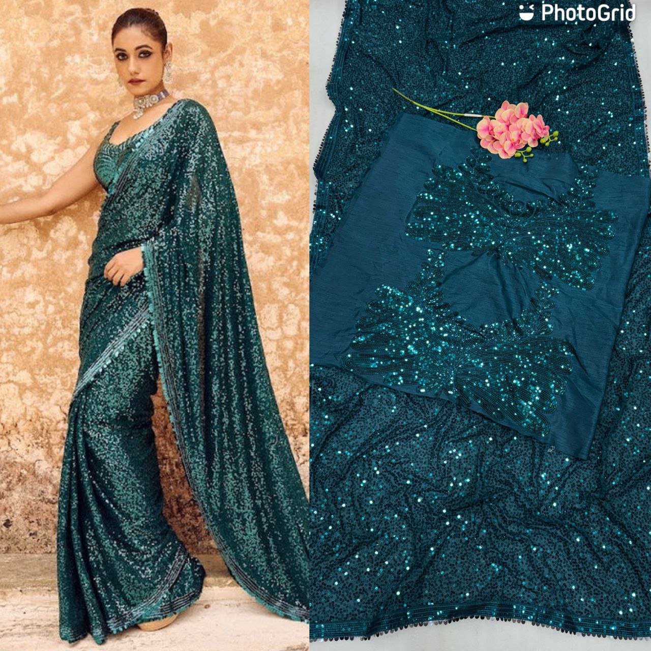 AMAZING PEACOCK COLOUR PARTY WEAR BOLLYWOOD SEQUENCE SAREE