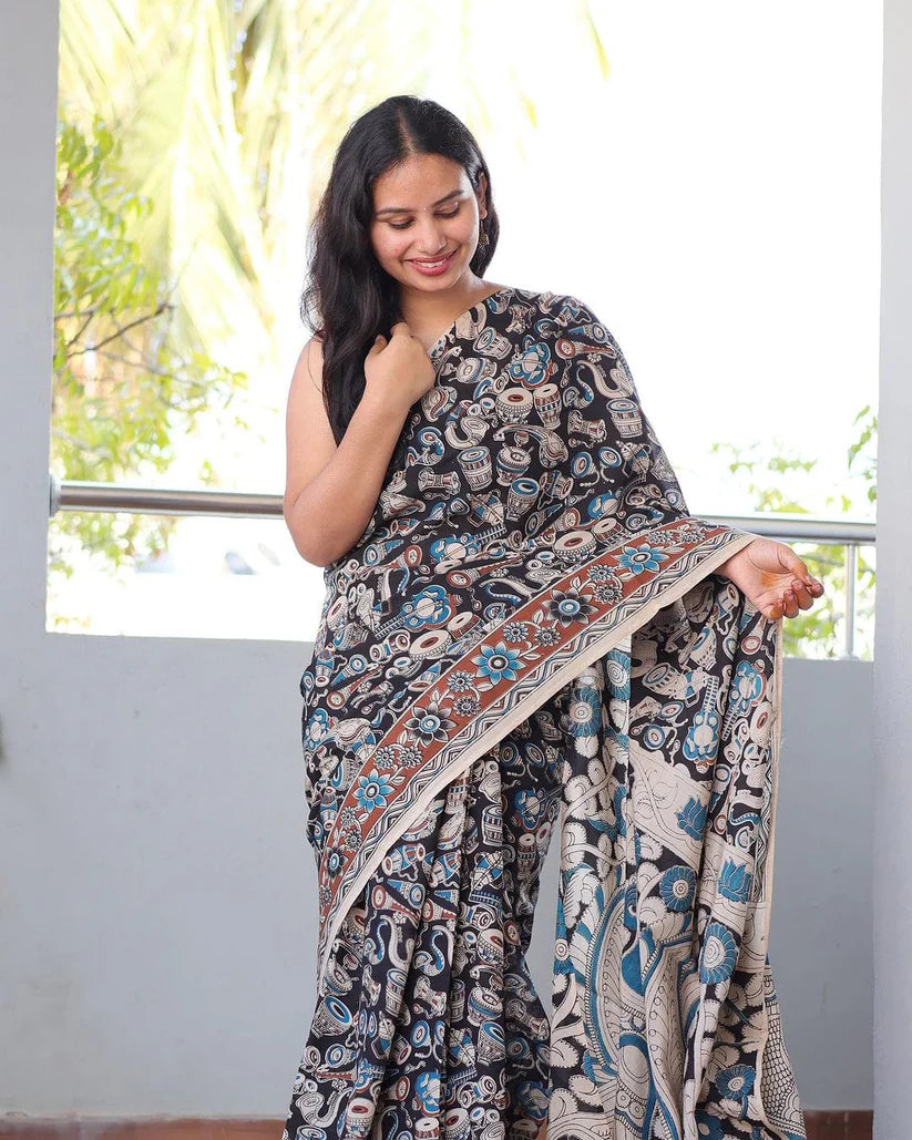 DESIGNER BLACK COLOR KALAMKARI DIGITAL PRINTED LINEN SAREE