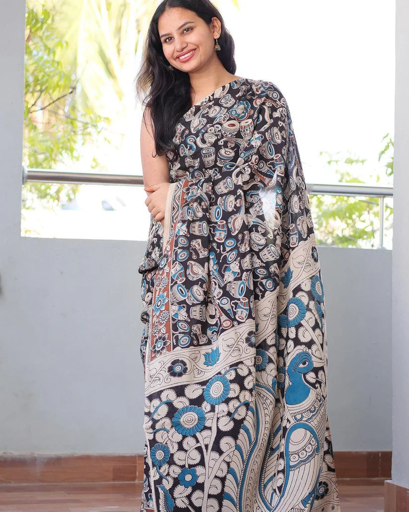 DESIGNER BLACK COLOR KALAMKARI DIGITAL PRINTED LINEN SAREE