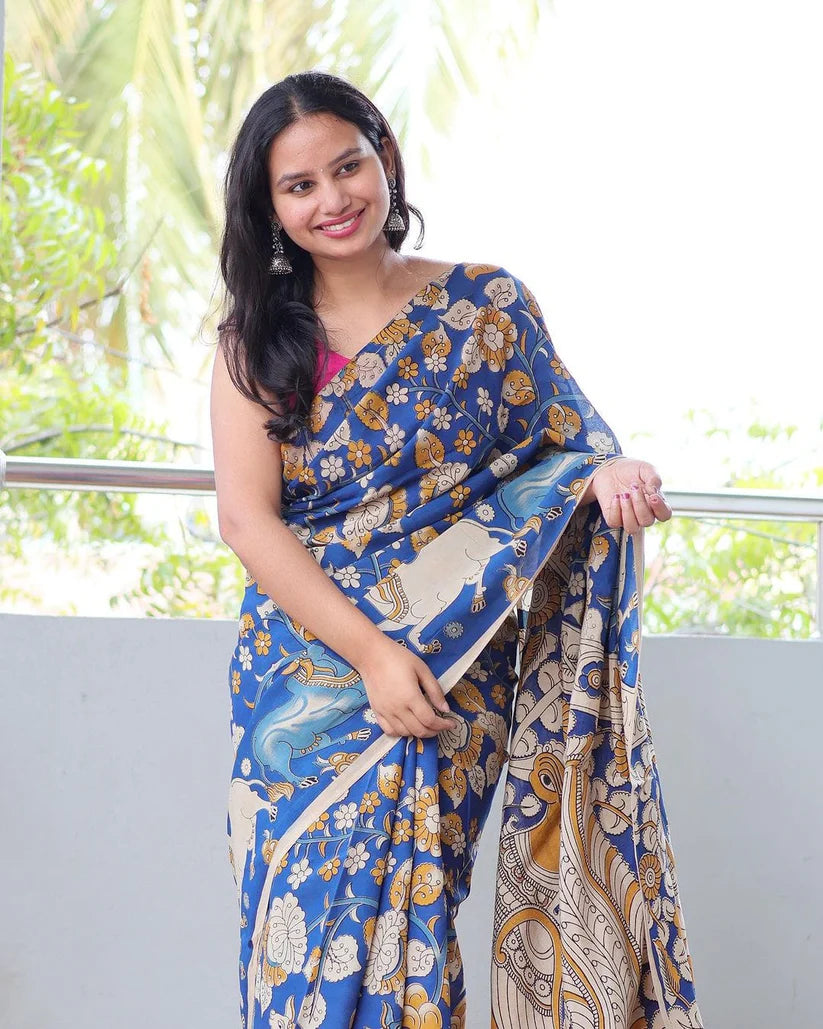 ATTRACTIVE BLUE COLOR KALAMKARI DIGITAL PRINTED LINEN SAREE