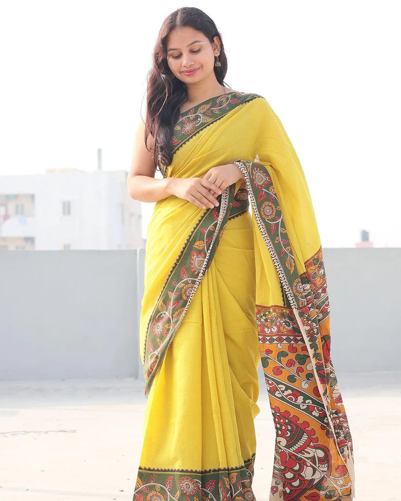 YELLOW COLOR KALAMKARI DIGITAL PRINTED LINEN SAREE