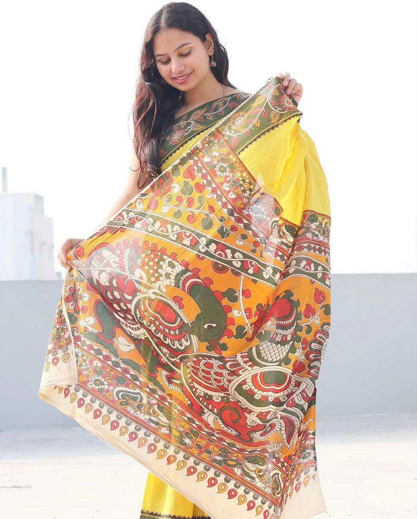 YELLOW COLOR KALAMKARI DIGITAL PRINTED LINEN SAREE