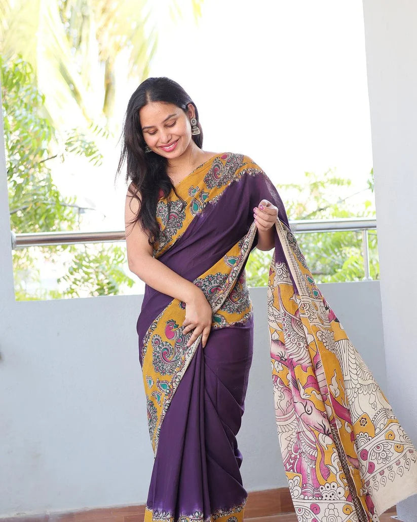 PURPLE COLOR KALAMKARI DIGITAL PRINTED LINEN SAREE