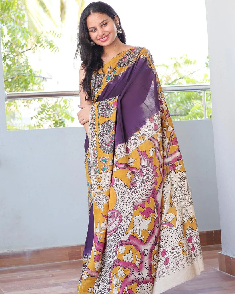 PURPLE COLOR KALAMKARI DIGITAL PRINTED LINEN SAREE