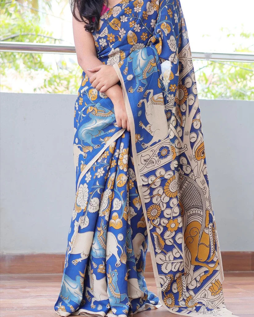 ATTRACTIVE BLUE COLOR KALAMKARI DIGITAL PRINTED LINEN SAREE