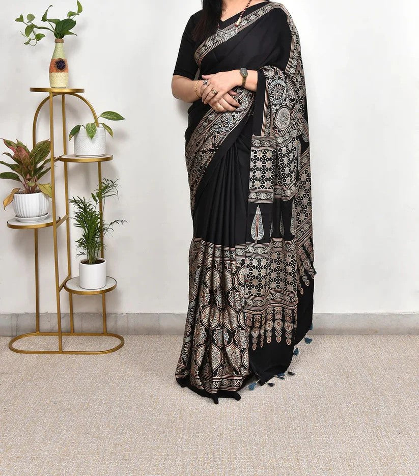 DESIGNER BLACK COLOR AJARAKH DIGITAL PRINTED MODAL SAREE