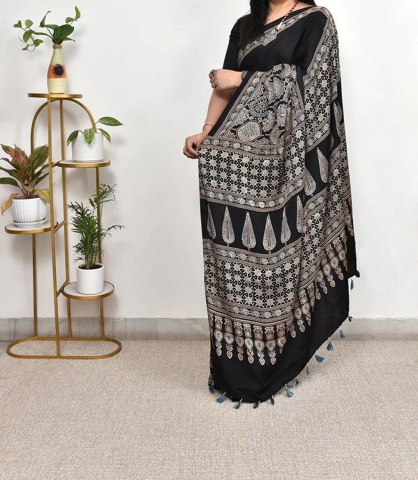 DESIGNER BLACK COLOR AJARAKH DIGITAL PRINTED MODAL SAREE