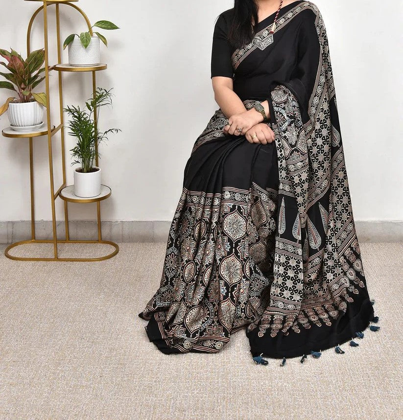 DESIGNER BLACK COLOR AJARAKH DIGITAL PRINTED MODAL SAREE