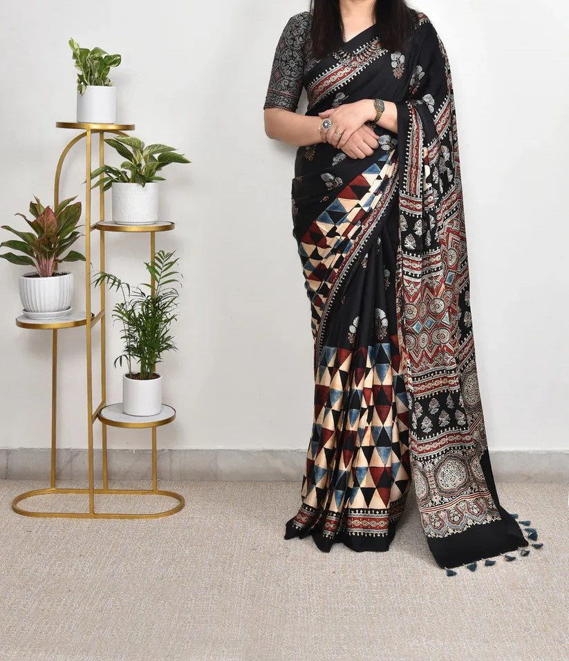 DELIGHTFUL BLACK COLOR AJARAKH DIGITAL PRINTED MODAL SAREE