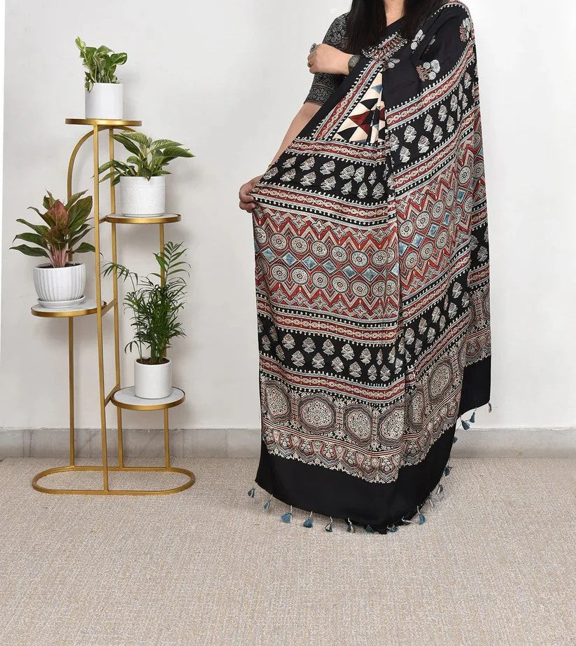 DELIGHTFUL BLACK COLOR AJARAKH DIGITAL PRINTED MODAL SAREE