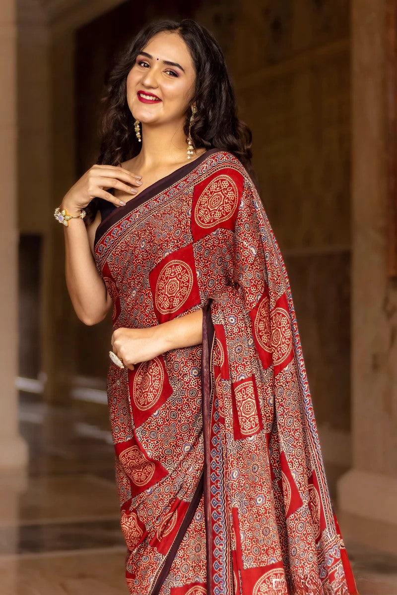 Designer Light Red Digital Printed Modal SAREE