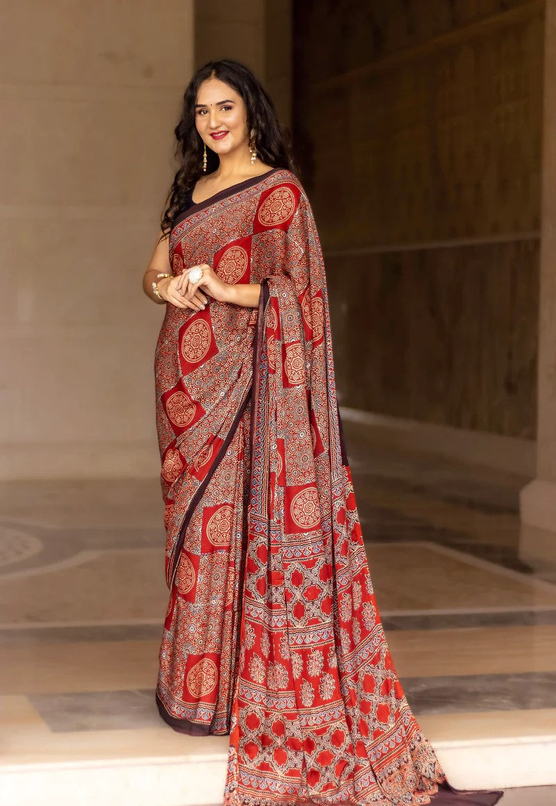 Designer Light Red Digital Printed Modal SAREE