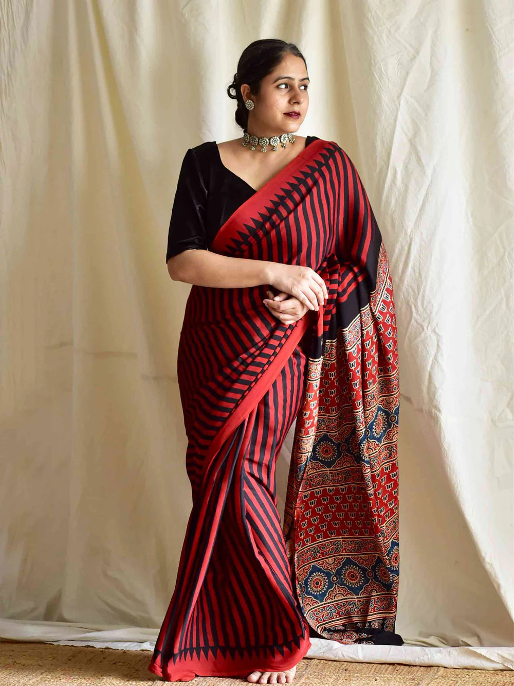 DESIGNER RED COLOUR WITH BLACK LINING AJARAKH PRINTED MODAL SILK SAREE