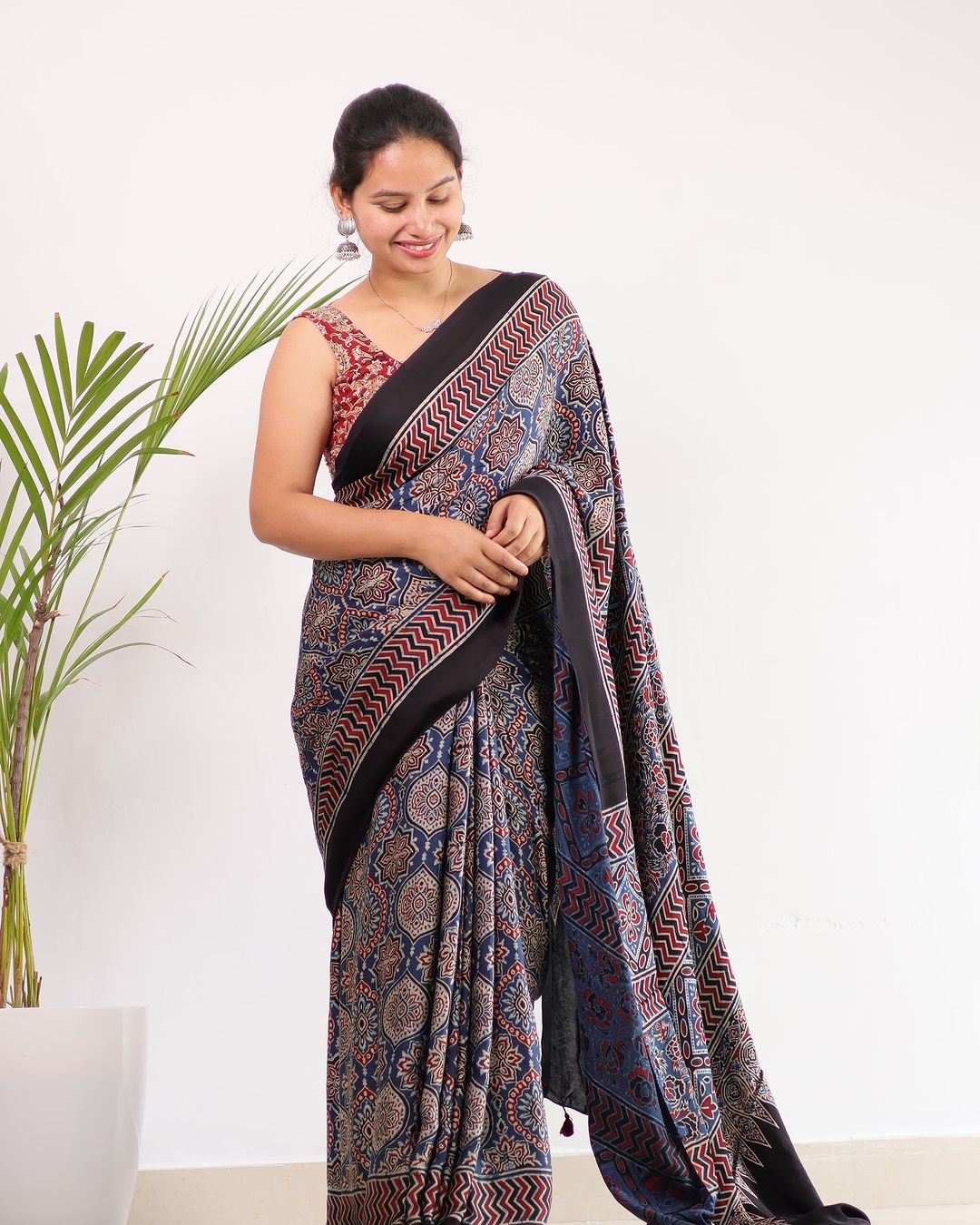 ATTRACTIVE AJARAKH BLUE COLOR DIGITAL PRINTED MODAL SAREE