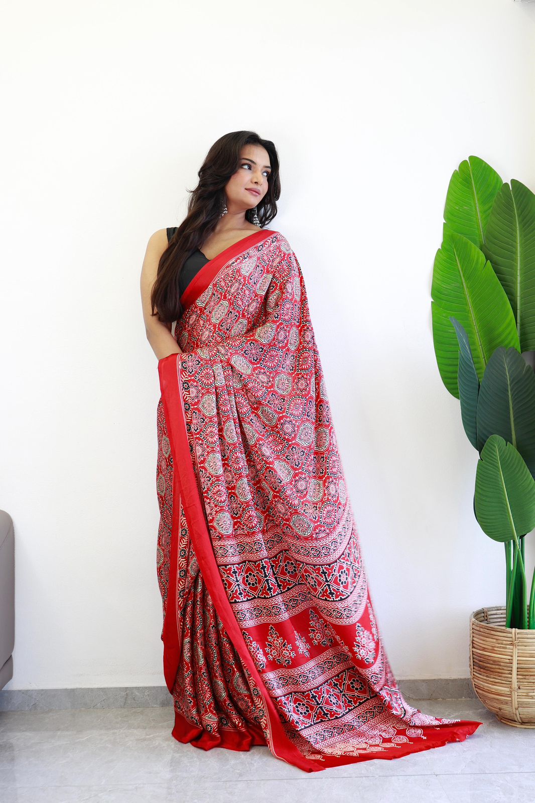 AJRAKH RED MODAL SILK SAREE